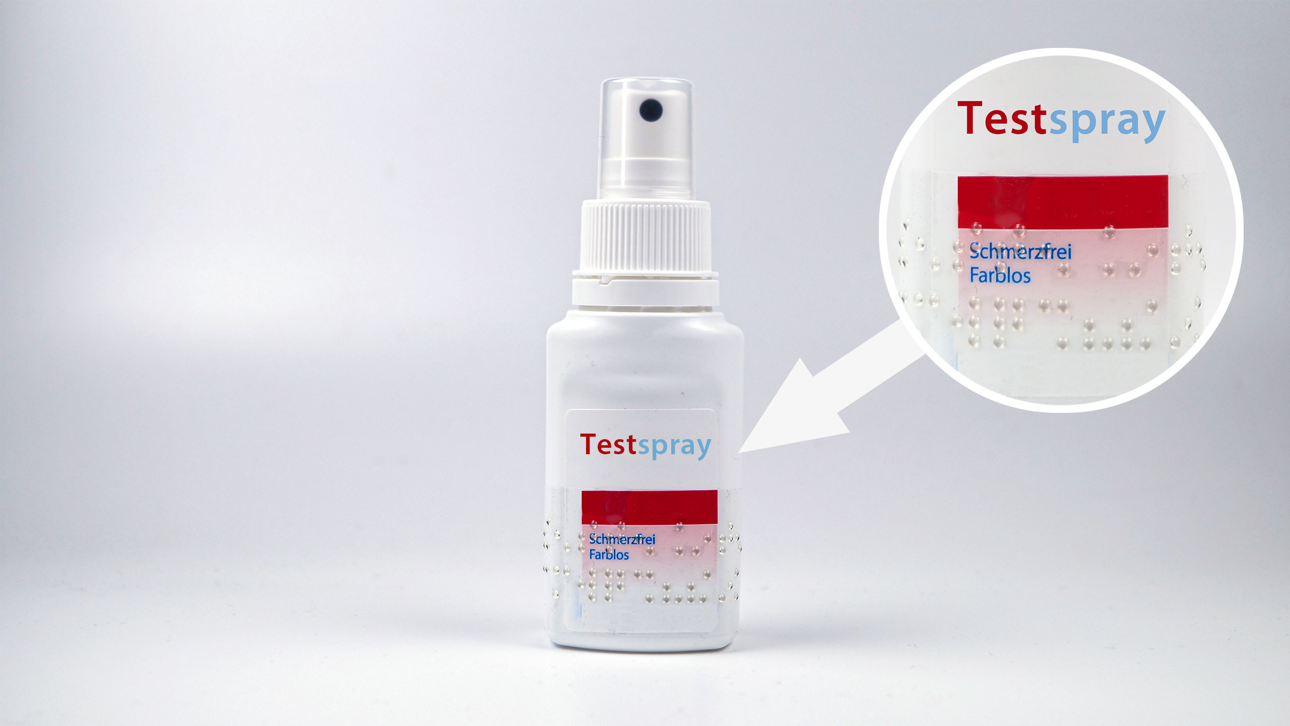 Blindenschriftetikett auf einer Sprayflasche, Braille