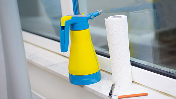 Utensilien für Anbringung von Folienschriftzügen, Sprühflasche, Küchenpapier, Rakel, Cuttermesser