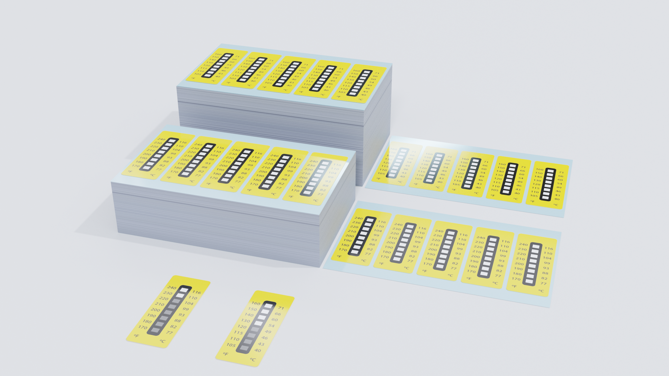 Temperaturetiketten von Unipress, Temperaturmessskalen auf Bögen