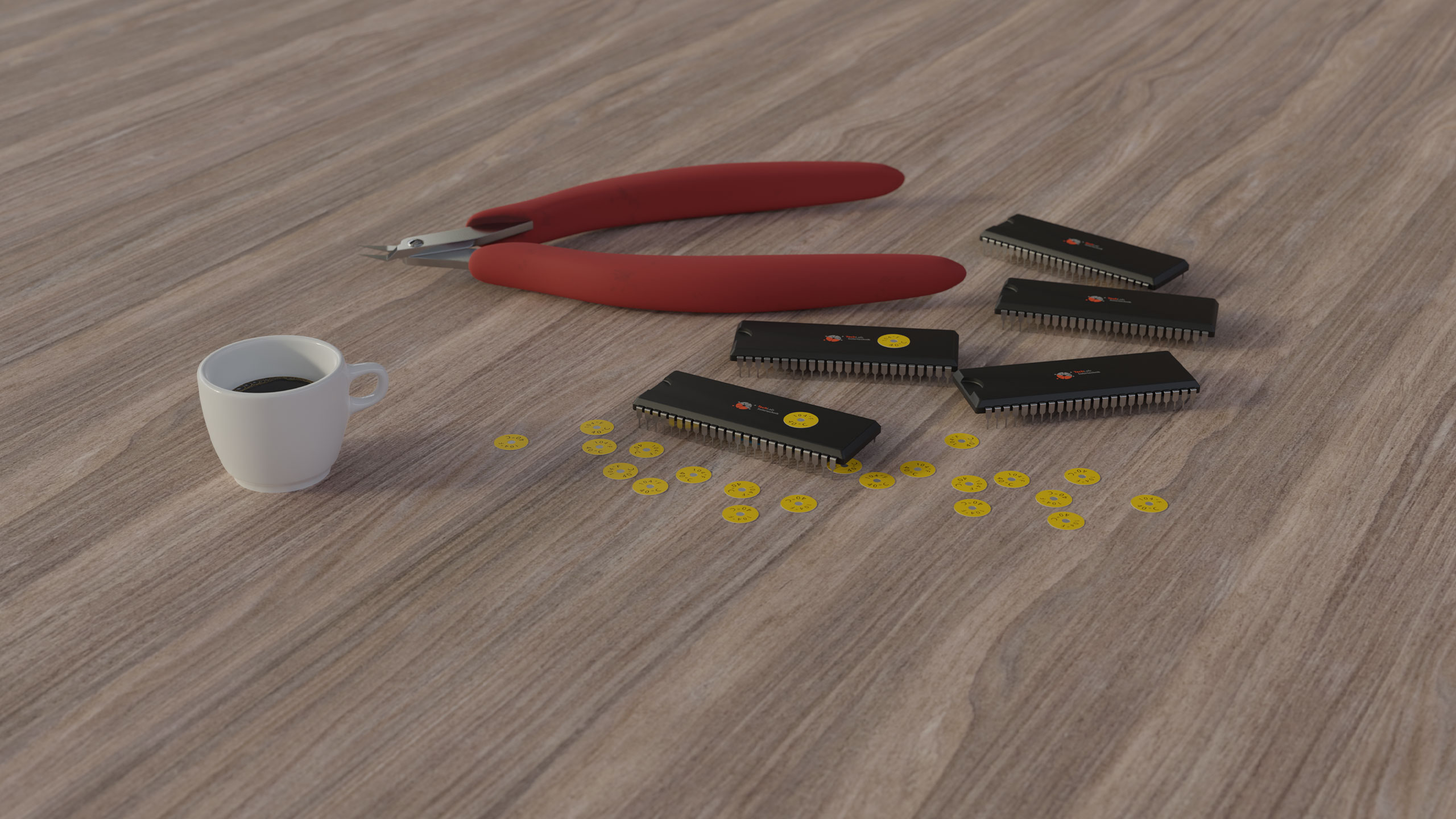 Irreversible Temperaturmesspunkte gelb, auf Tisch mit technischen PC-Teilen