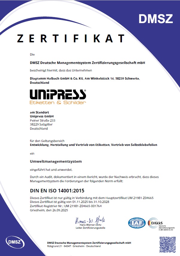 ISO-Zertifikat Unipress GmbH DIN EN ISO 14001