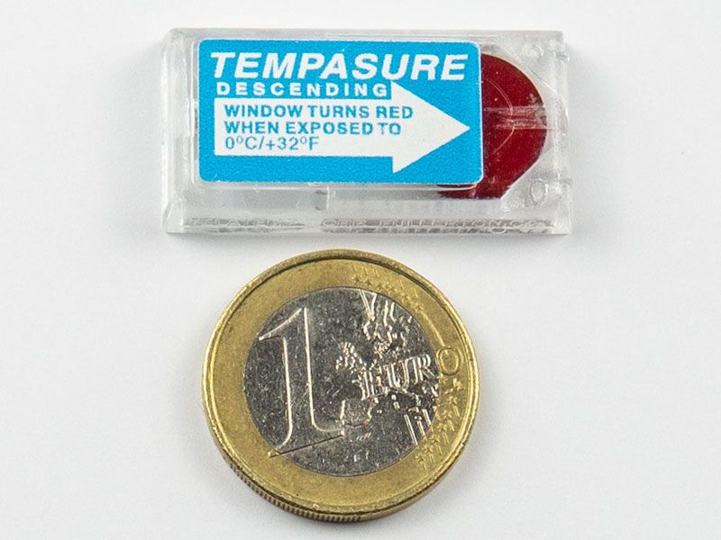 TEMPASURE Kälteindikator, Größenvergleich mit 1€-Münze