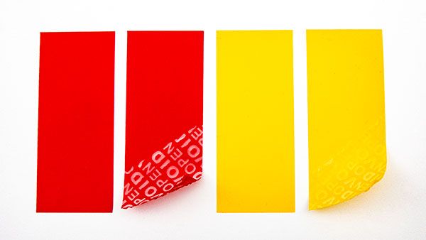 Ablösbare Sicherheitsetiketten aus VOID folie, rot und gelb