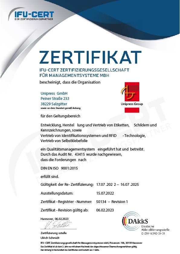 ISO-Zertifikat Unipress GmbH DIN EN ISO 9001