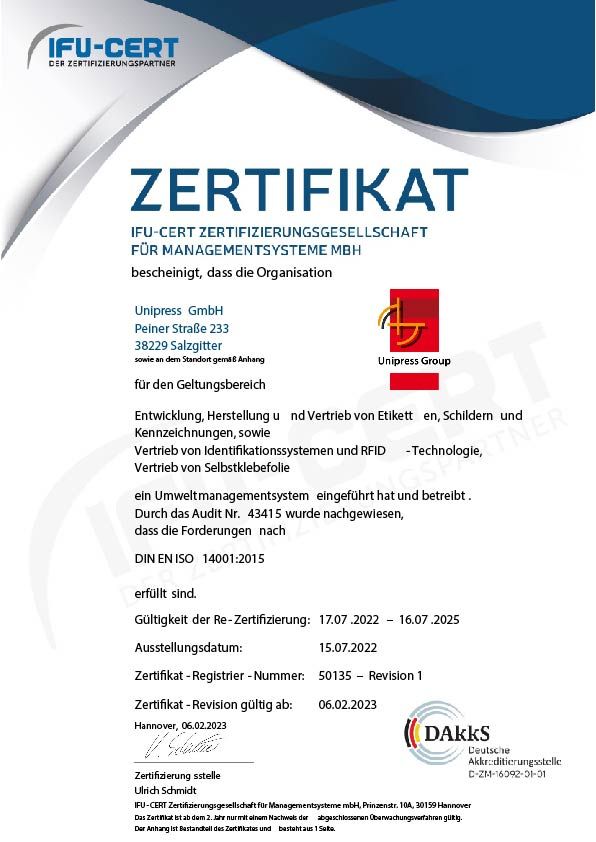 ISO-Zertifikat Unipress GmbH DIN EN ISO 14001